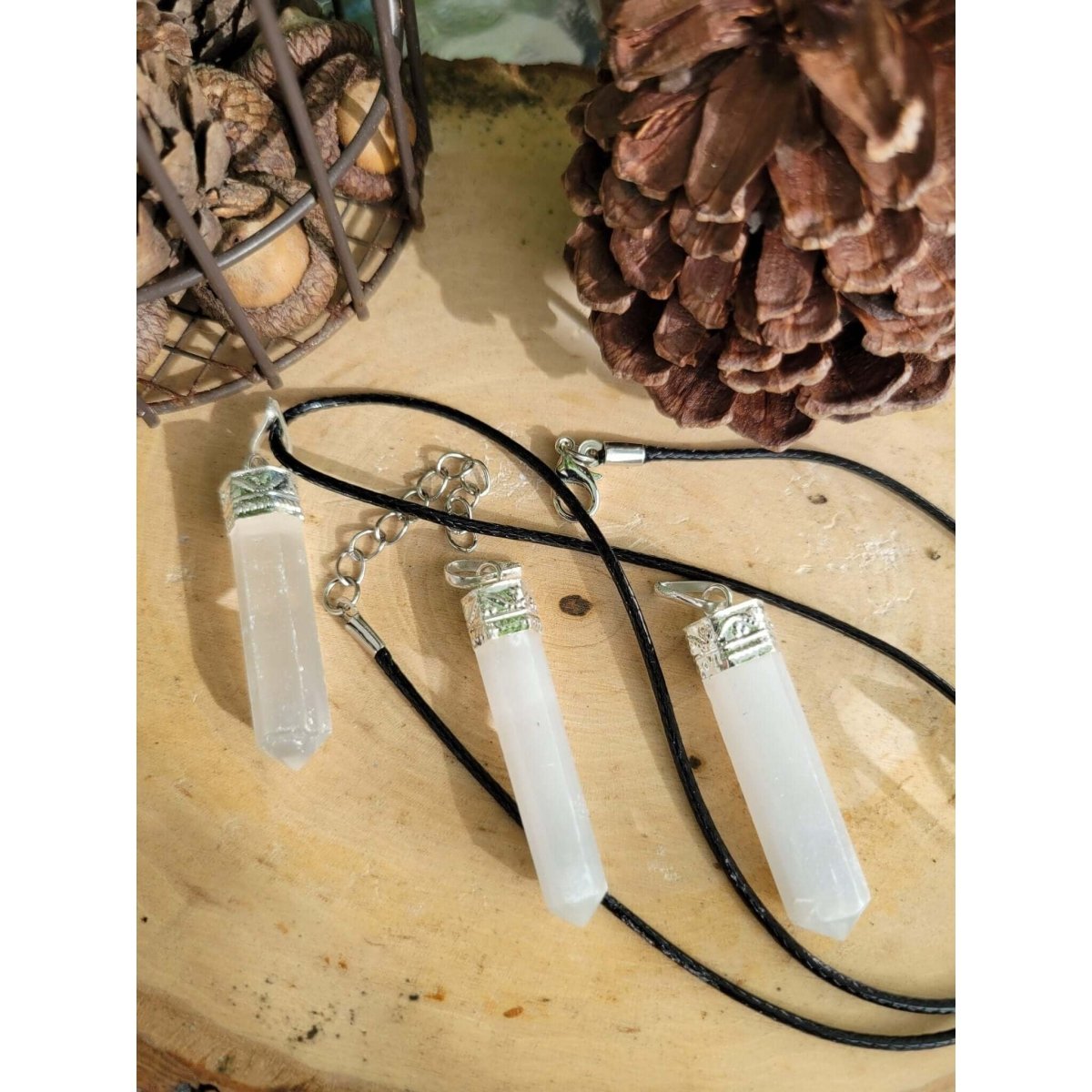 Selenite single Point Pencil Pendant with Cord , Protection Jewelry, Reiki Necklace -