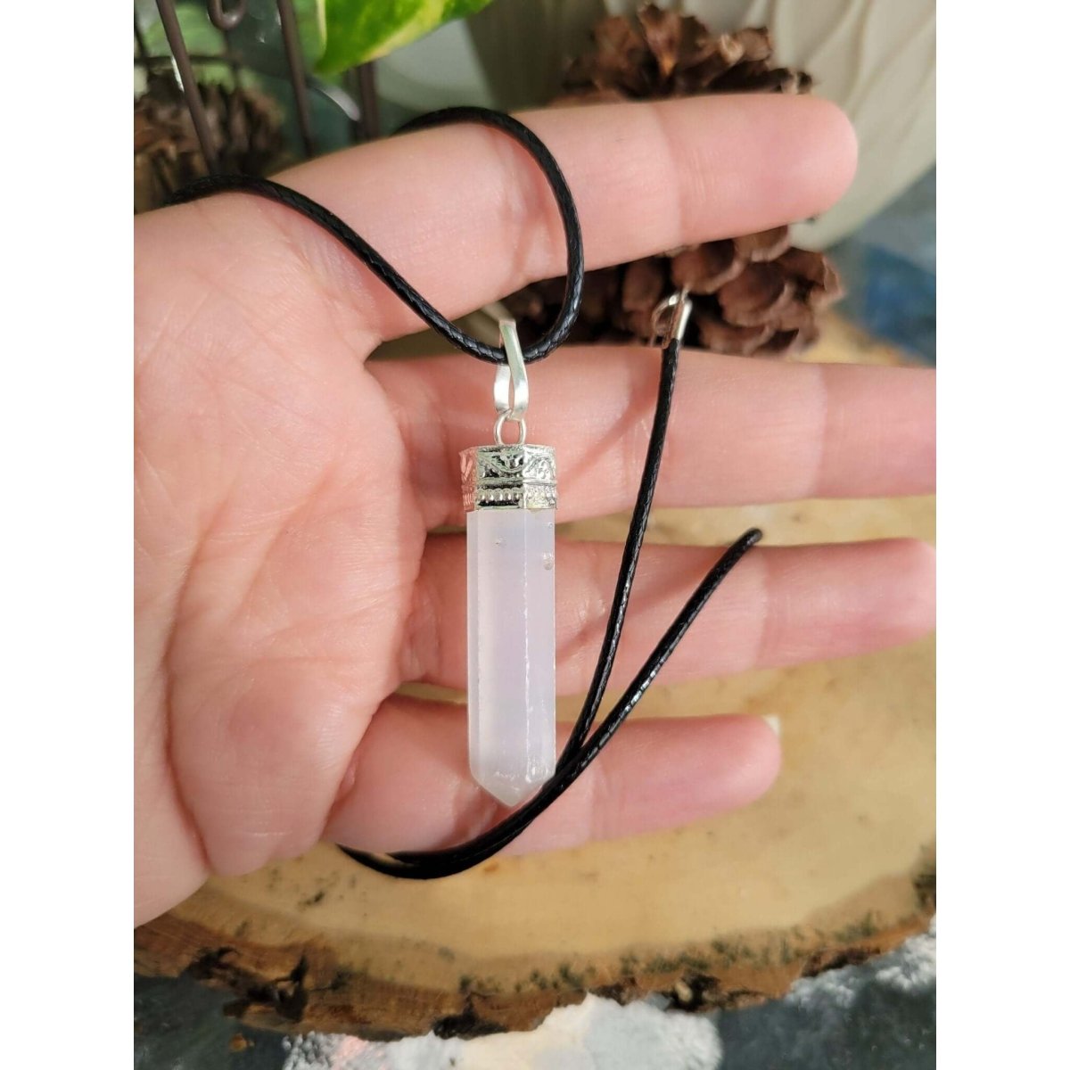 Selenite single Point Pencil Pendant with Cord , Protection Jewelry, Reiki Necklace -