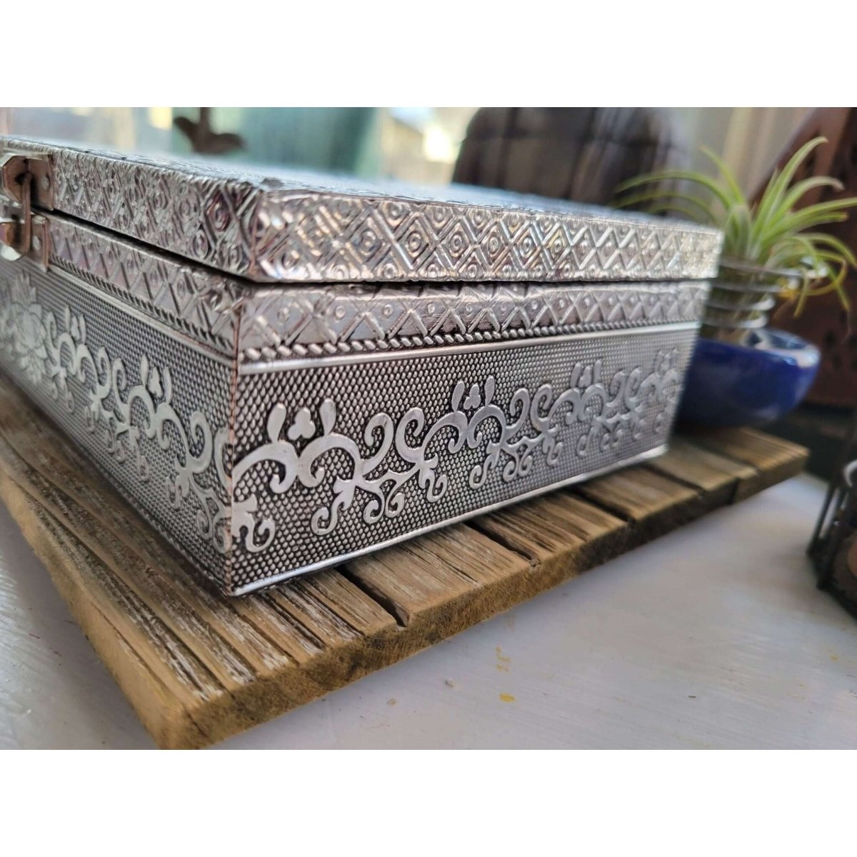 Seven Chakra Carved Metal over Wood/ Tarot Box/ Altar Box -