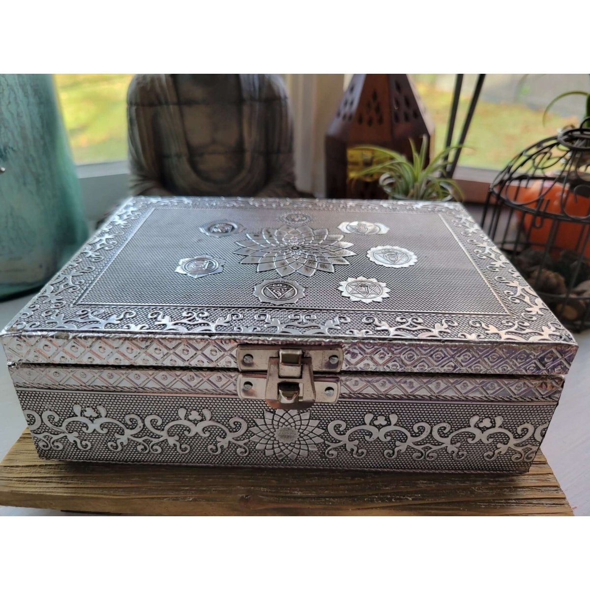 Seven Chakra Carved Metal over Wood/ Tarot Box/ Altar Box -