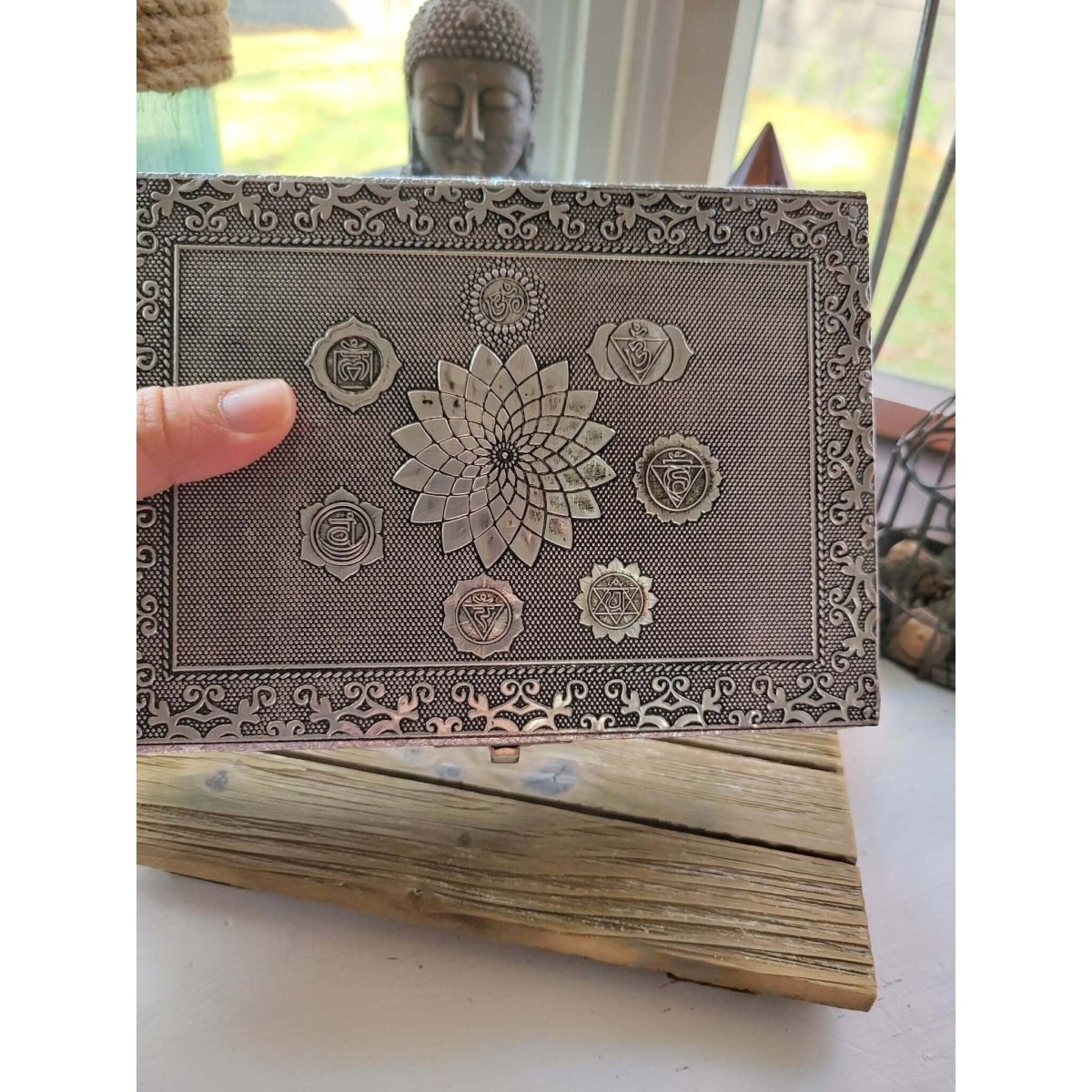 Seven Chakra Carved Metal over Wood/ Tarot Box/ Altar Box -