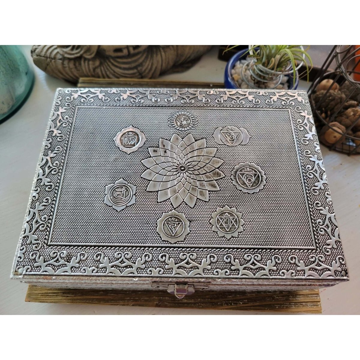 Seven Chakra Carved Metal over Wood/ Tarot Box/ Altar Box -