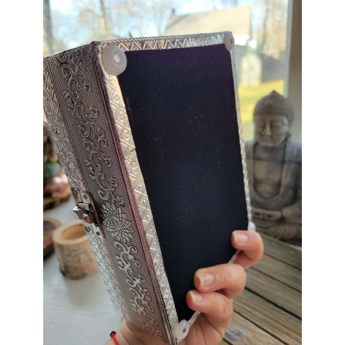 Seven Chakra Carved Metal over Wood/ Tarot Box/ Altar Box -