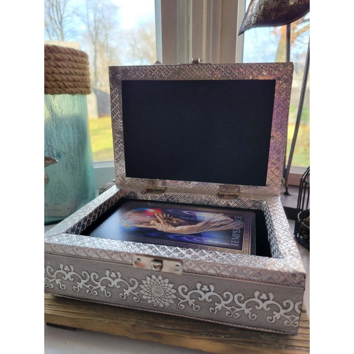 Seven Chakra Carved Metal over Wood/ Tarot Box/ Altar Box -