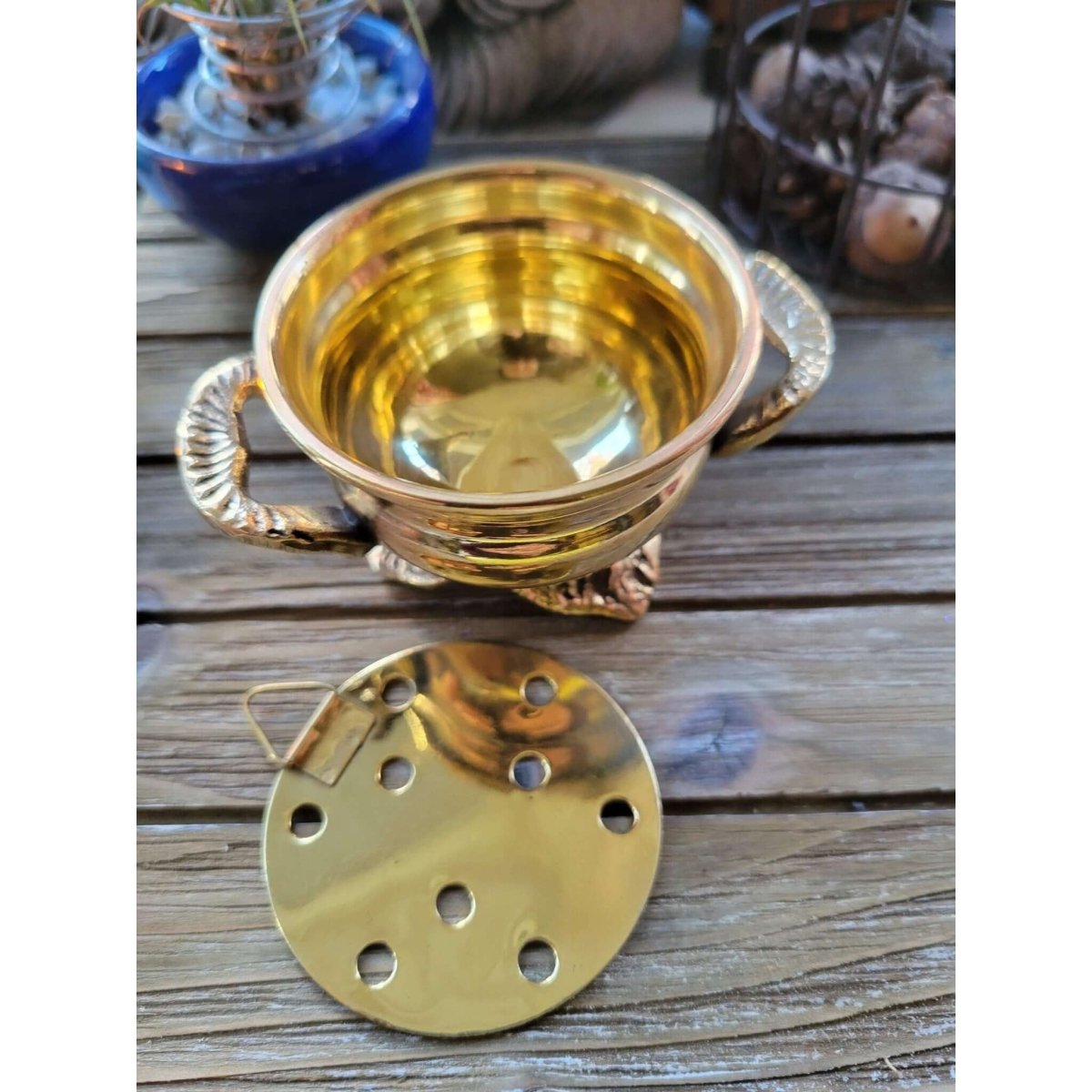 Small Brass Burner/ Cauldron with Screen/ Green Witch Apothecary -