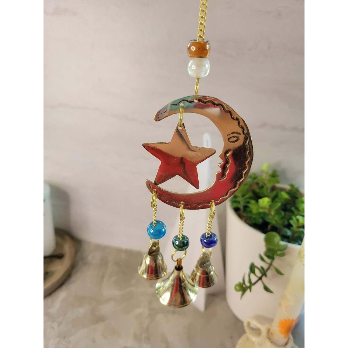 Star and Moon Handmade Brass Wind Chime with bells Witch Bells -Wind Chimes
