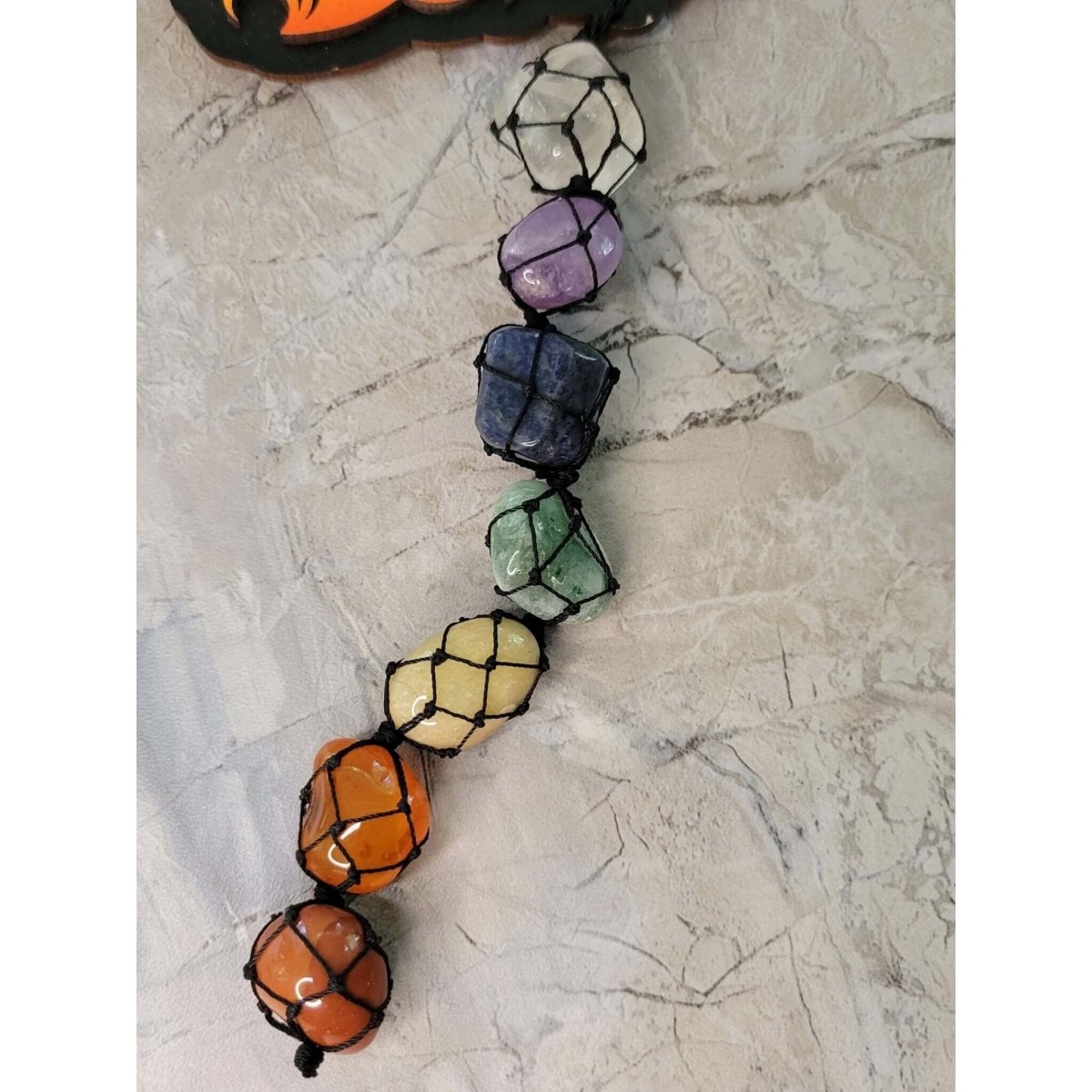 Tie Dye Wooden Goddess of Earth Triple Moon Wall/Car hanging w/ Chakra Tumble Stones -Crystals