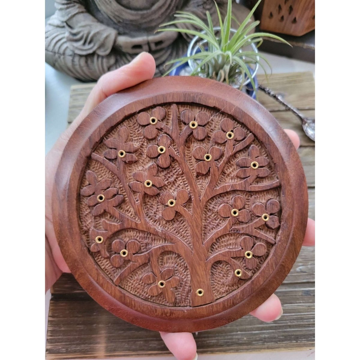 Tree of Life Carved Wood Stick Burner/ Incense Burner -