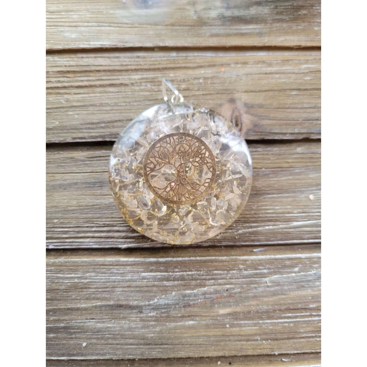 Tree of Life round Selenite Orgone Energy Pendant 1.5" -