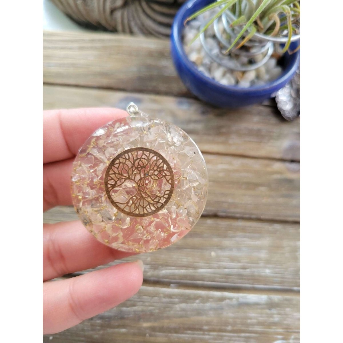 Tree of Life round Selenite Orgone Energy Pendant 1.5" -