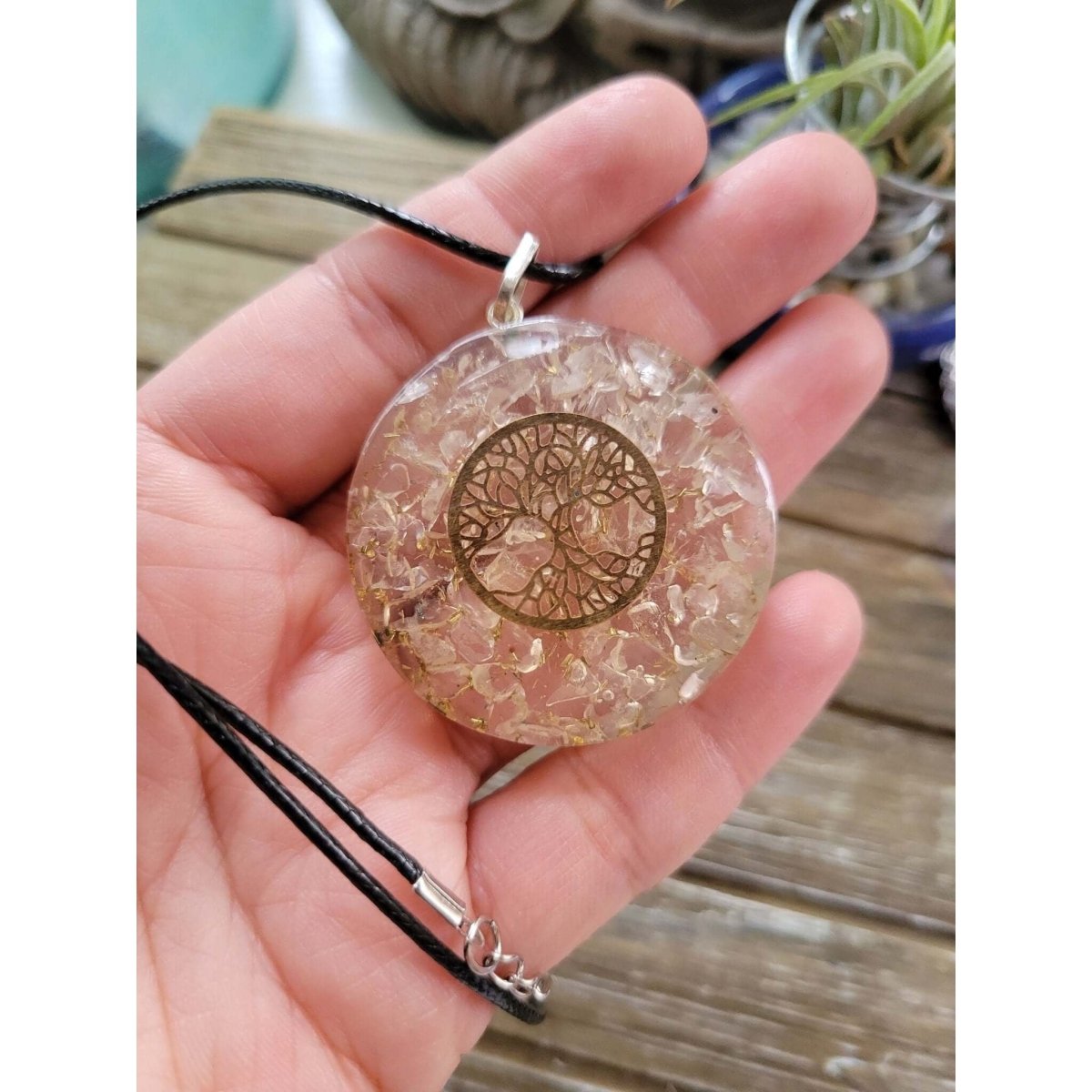 Tree of Life round Selenite Orgone Energy Pendant 1.5" -
