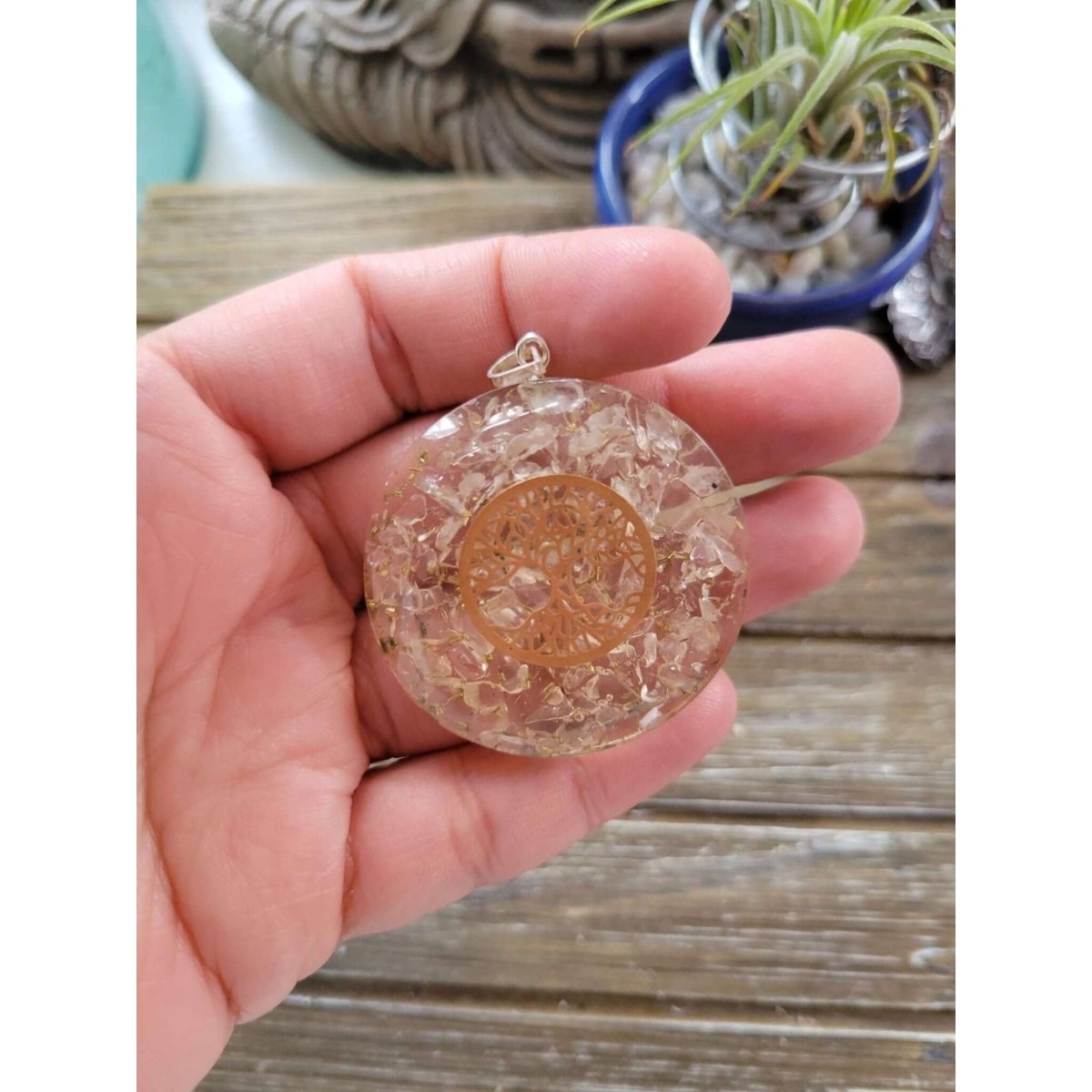 Tree of Life round Selenite Orgone Energy Pendant 1.5" -