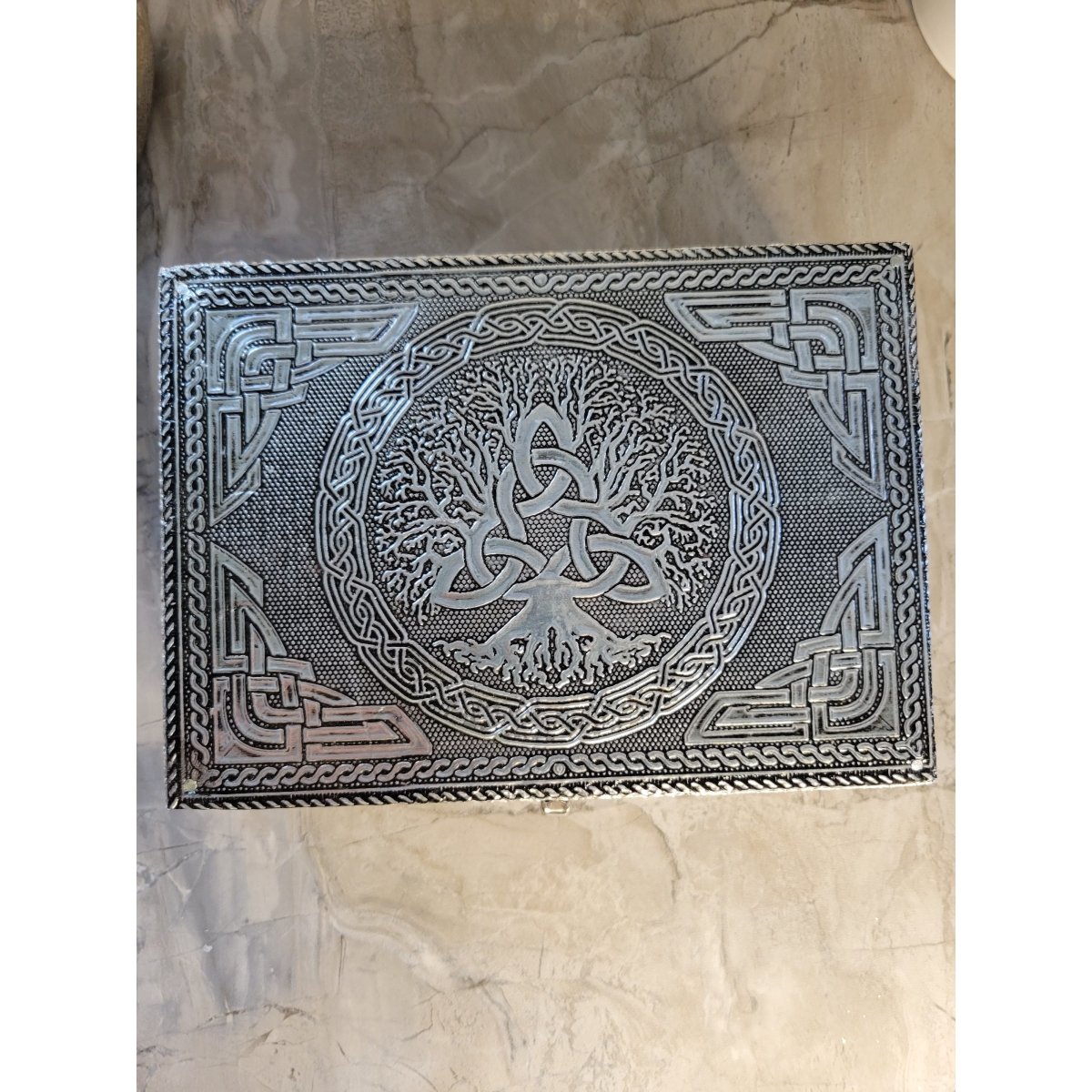 Tree of Life Triquetra handmade carved metal over wood/ tarot box/ altar box -Decor