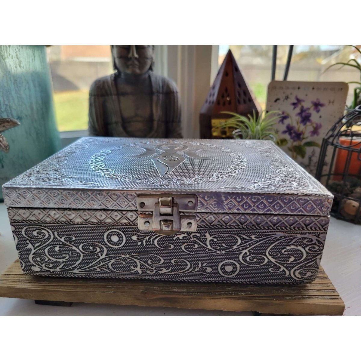 Triple Moon Carved Metal over Wood/ Tarot Box/ Altar Box/ Goddess of Earth Box -