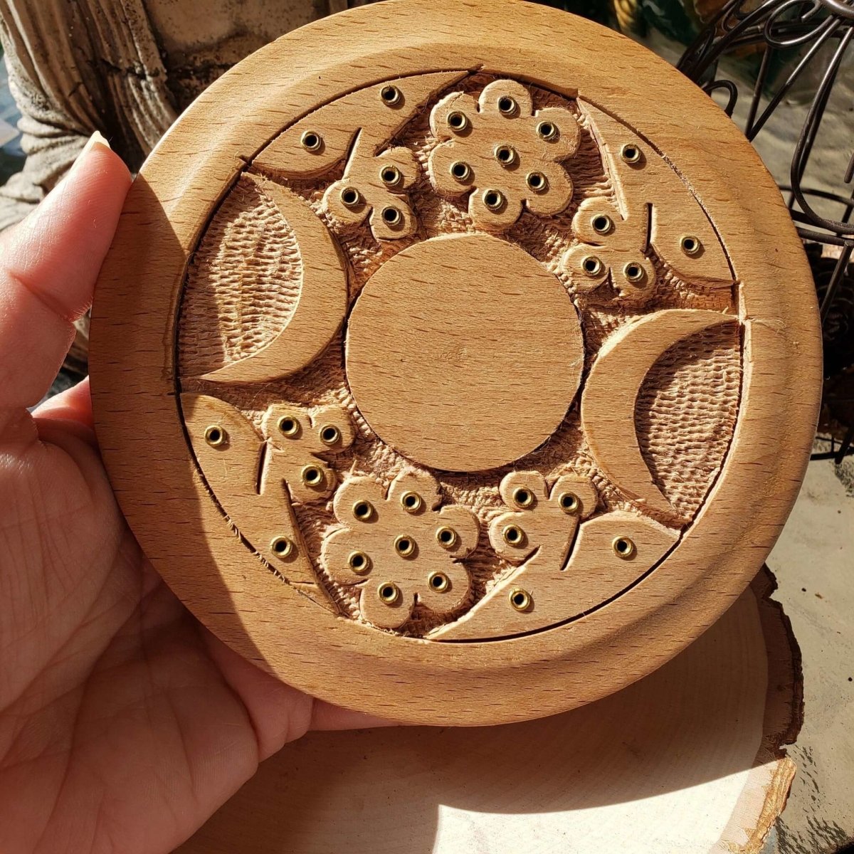 Triple Moon Carved Wood Stick Burner -