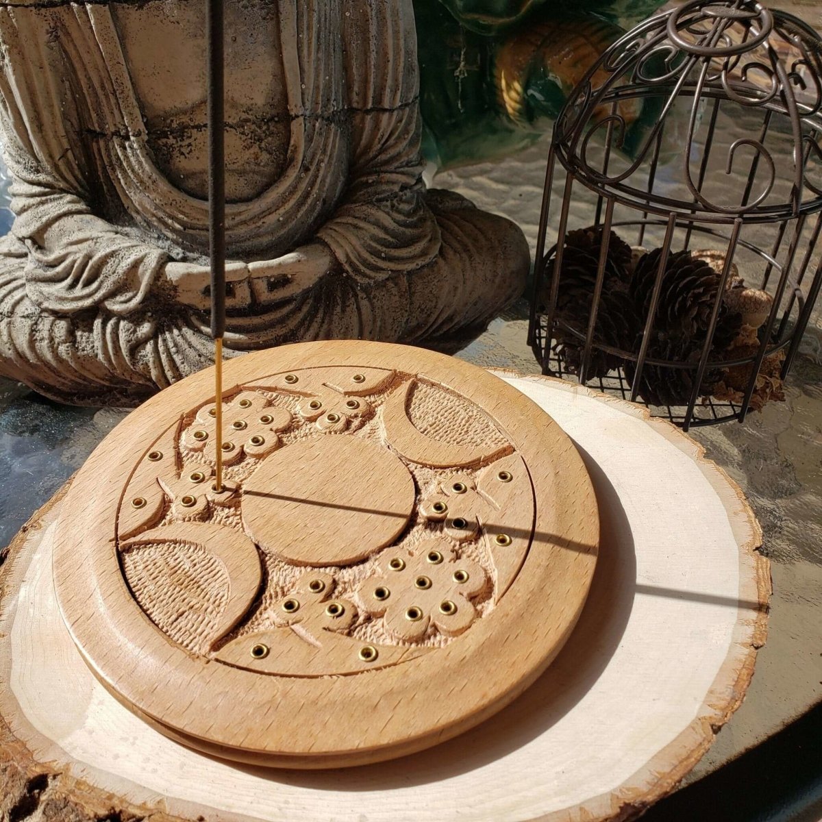 Triple Moon Carved Wood Stick Burner -