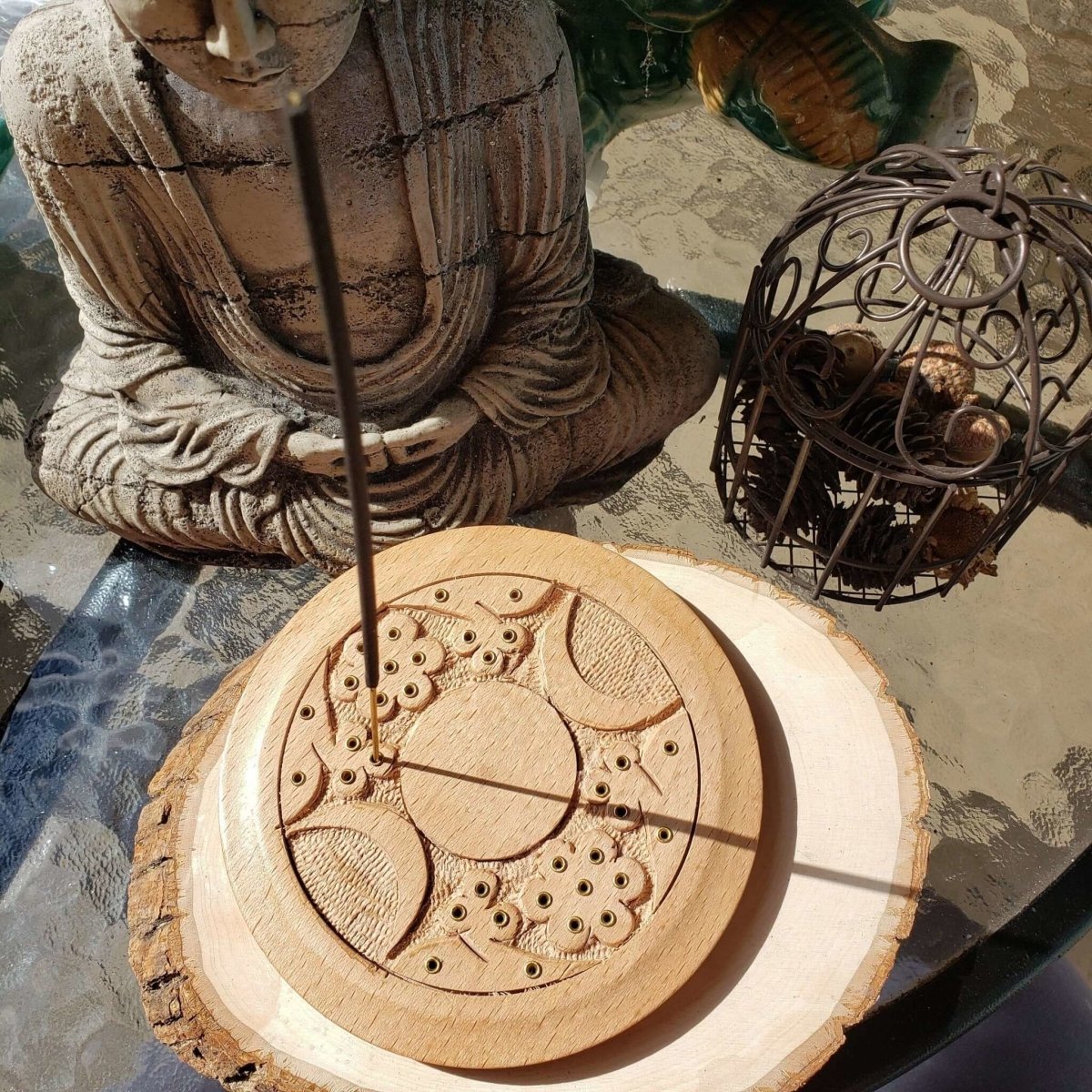 Triple Moon Carved Wood Stick Burner -
