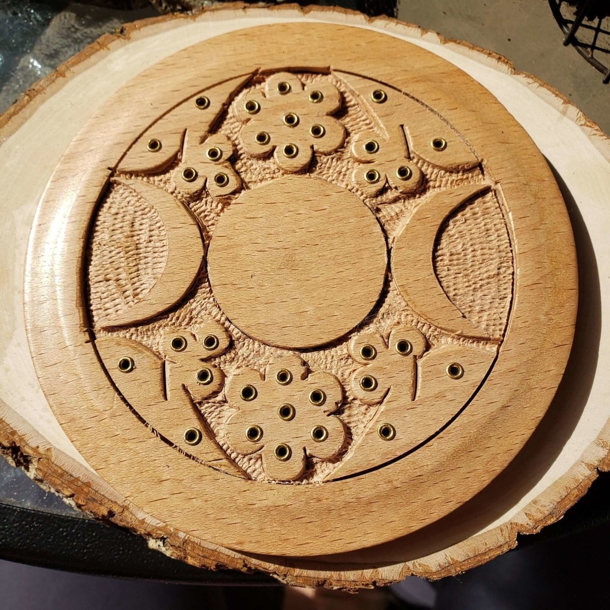 Triple Moon Carved Wood Stick Burner -