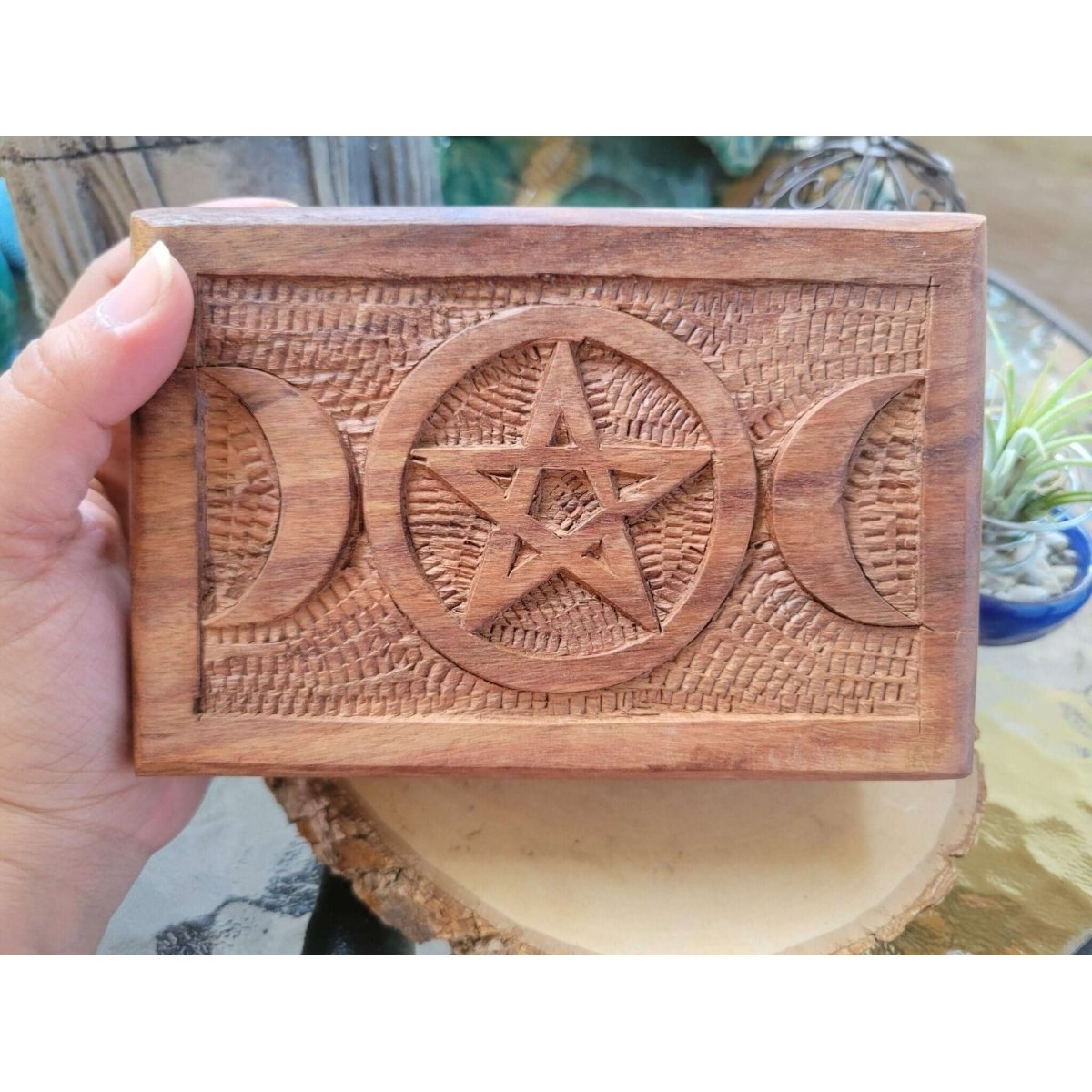 Triple Moon Pentagram Carved Wooden Box 4x6" -