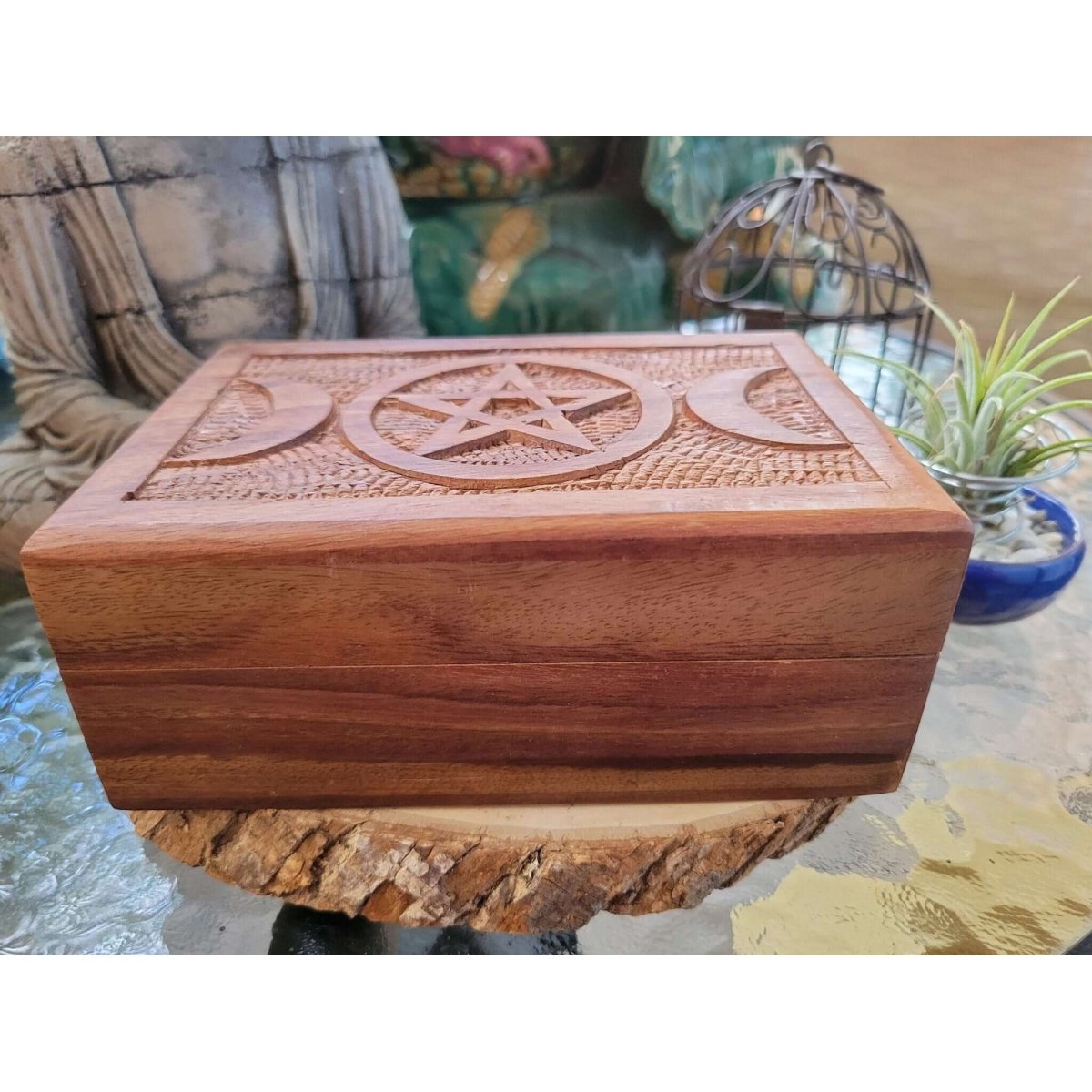 Triple Moon Pentagram Carved Wooden Box 4x6" -