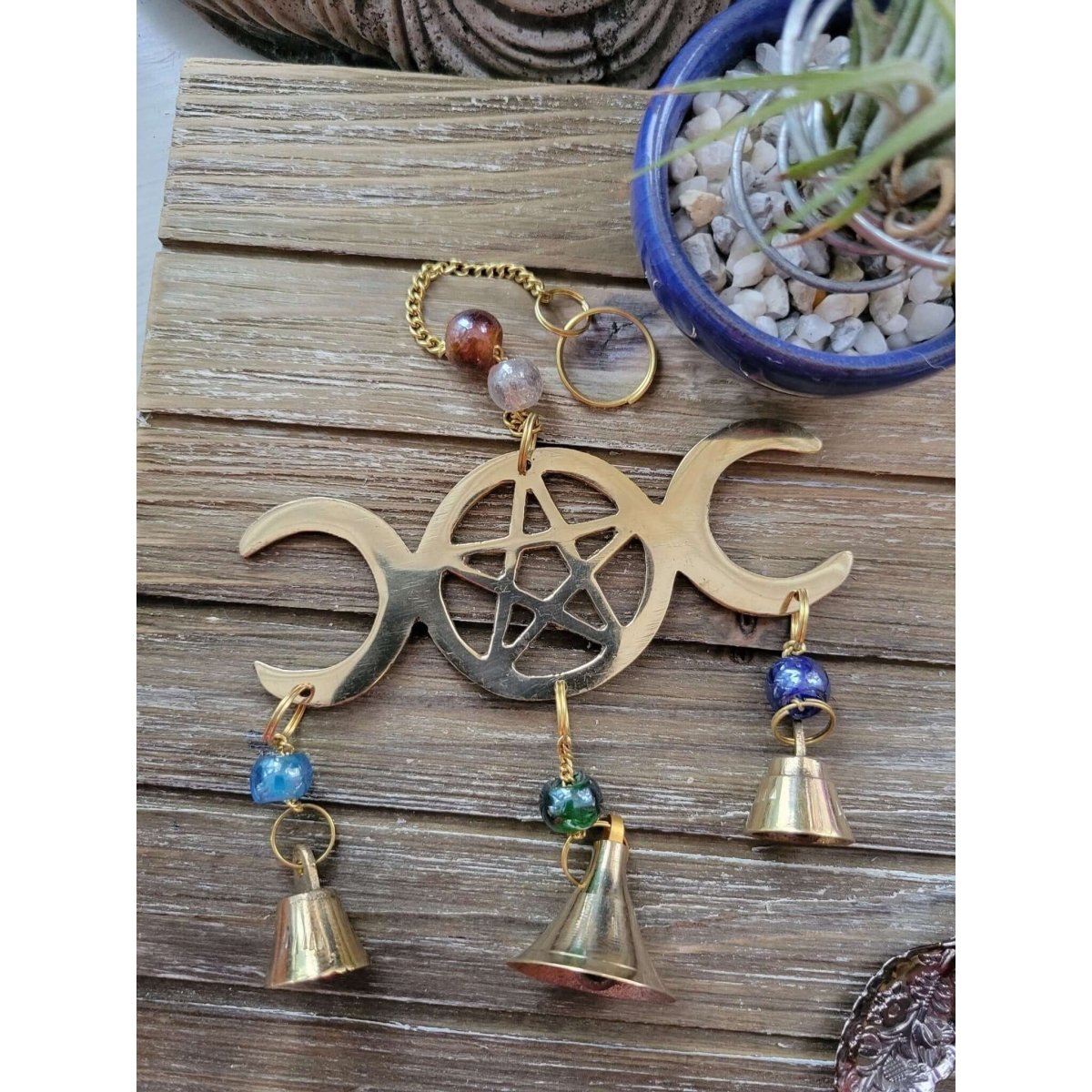 Triple Moon Pentagram Wind Chime Brass with Beads/ Witch Protection Bells -