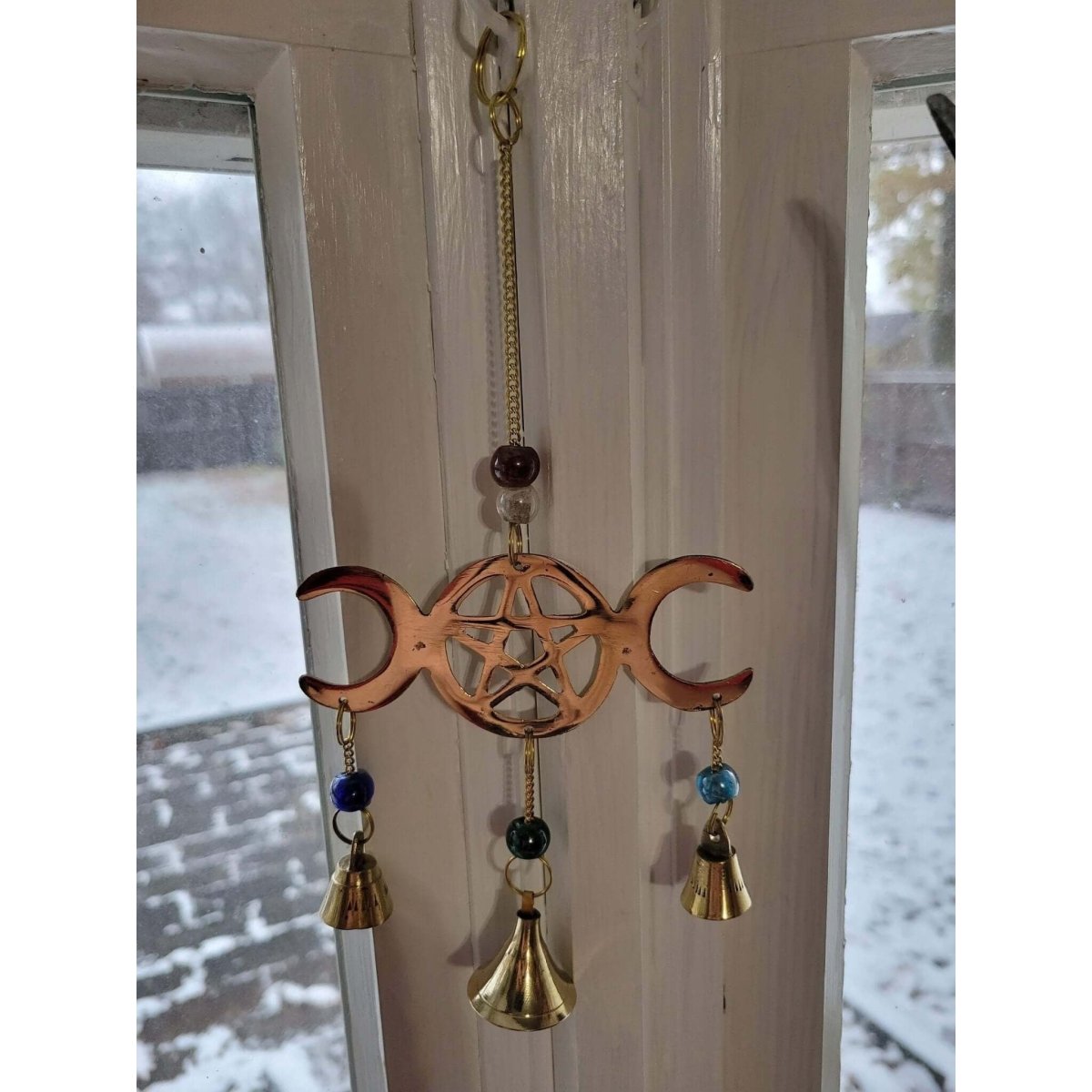 Triple Moon Pentagram Wind Chime Brass with Beads/ Witch Protection Bells -