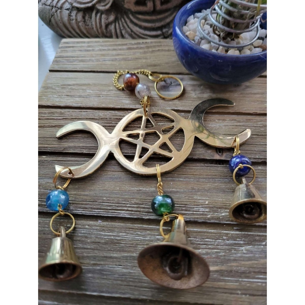 Triple Moon Pentagram Wind Chime Brass with Beads/ Witch Protection Bells -
