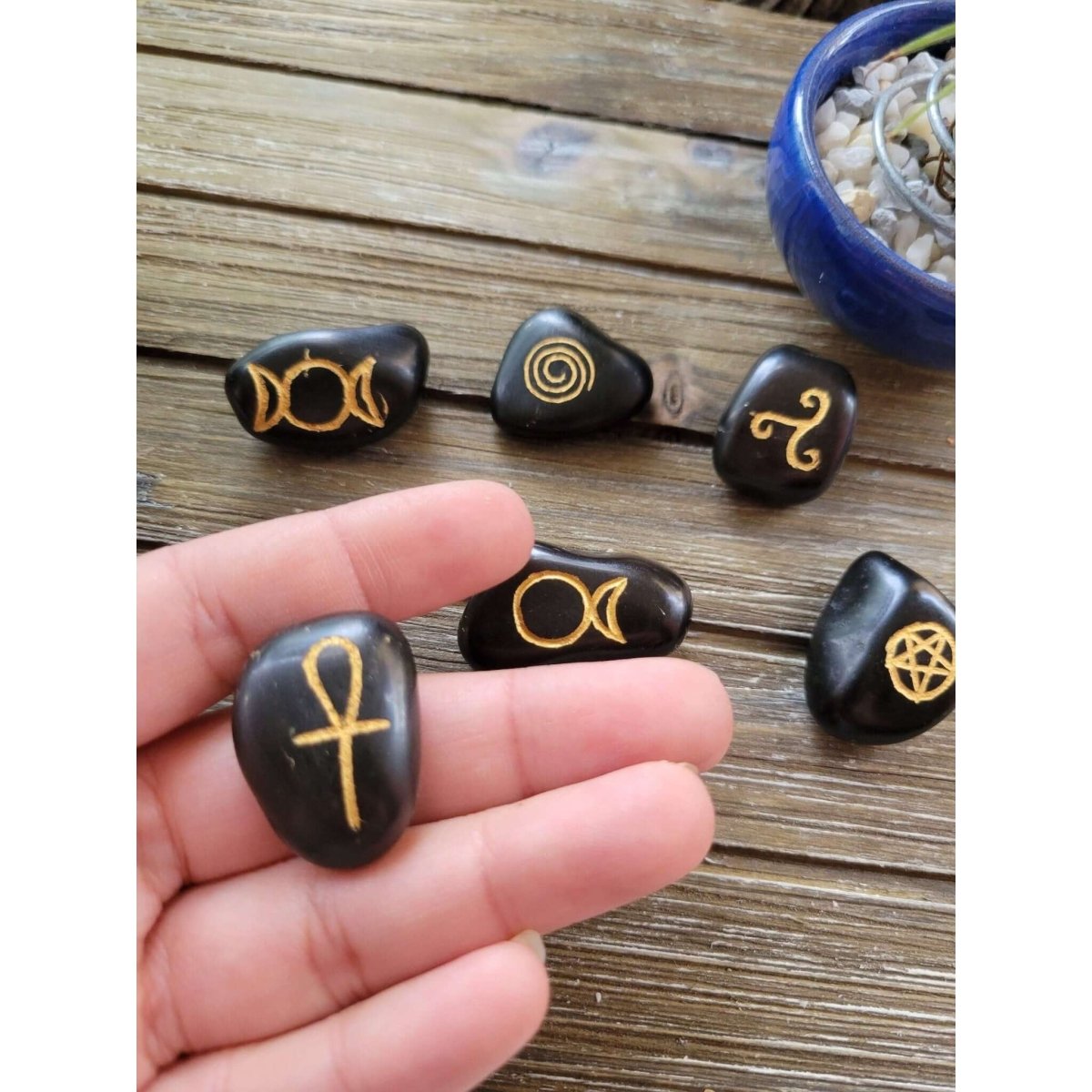Wicca Symbols Black Agate Tumble Stones/ Witches Rune Set -
