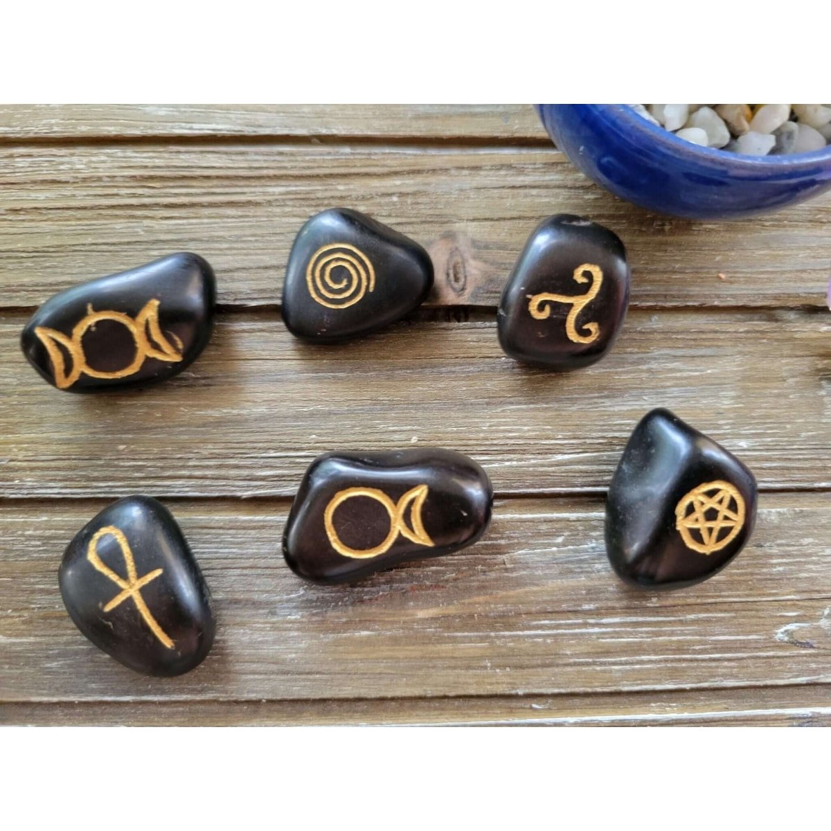 Wicca Symbols Black Agate Tumble Stones/ Witches Rune Set -