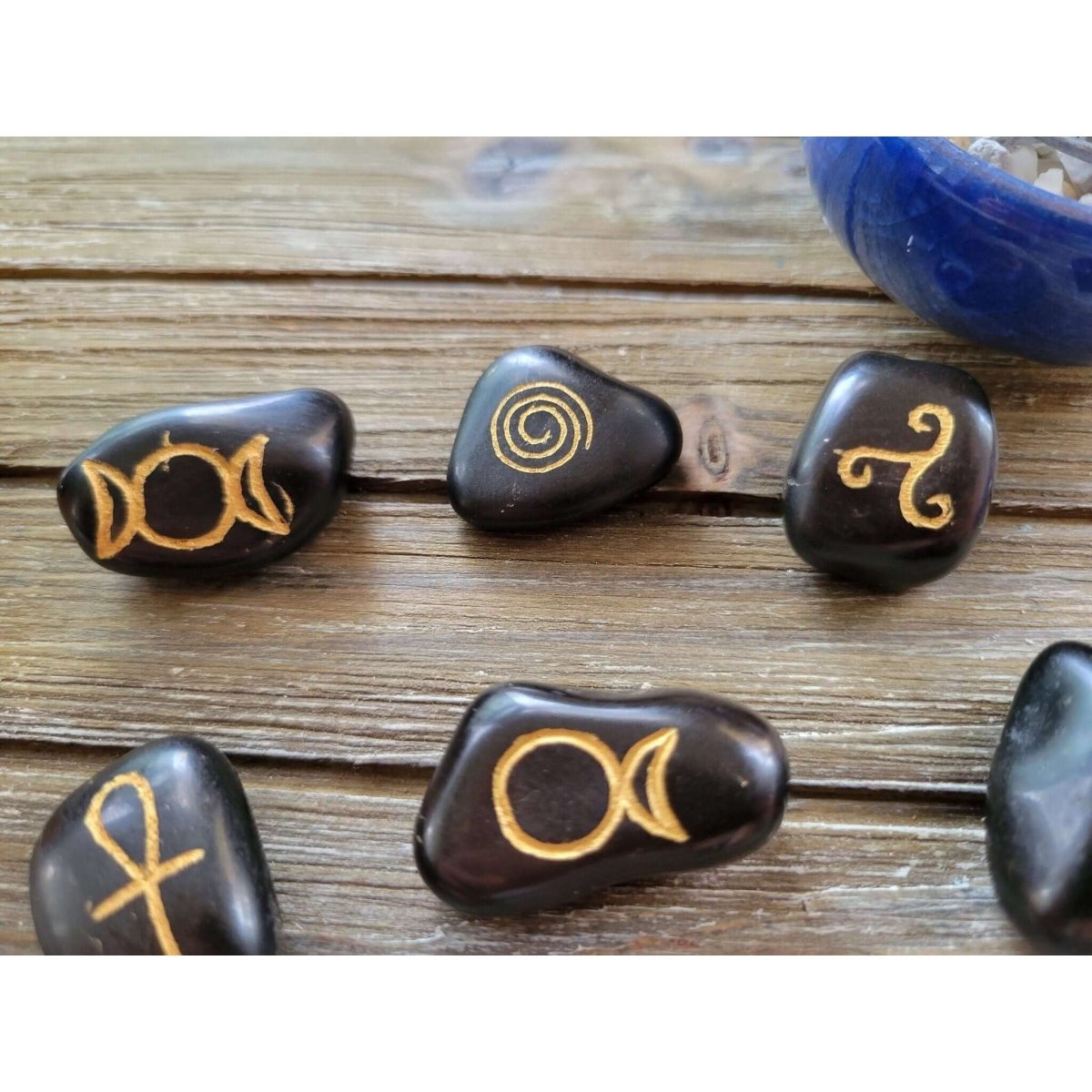 Wicca Symbols Black Agate Tumble Stones/ Witches Rune Set -