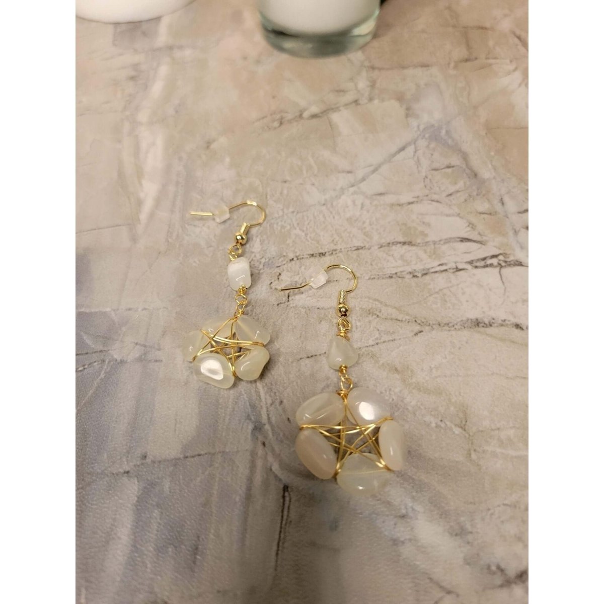 Wire Wrapped Natural Moonstone Dangle Earrings, Pentagram Crystal Earrings -Earrings
