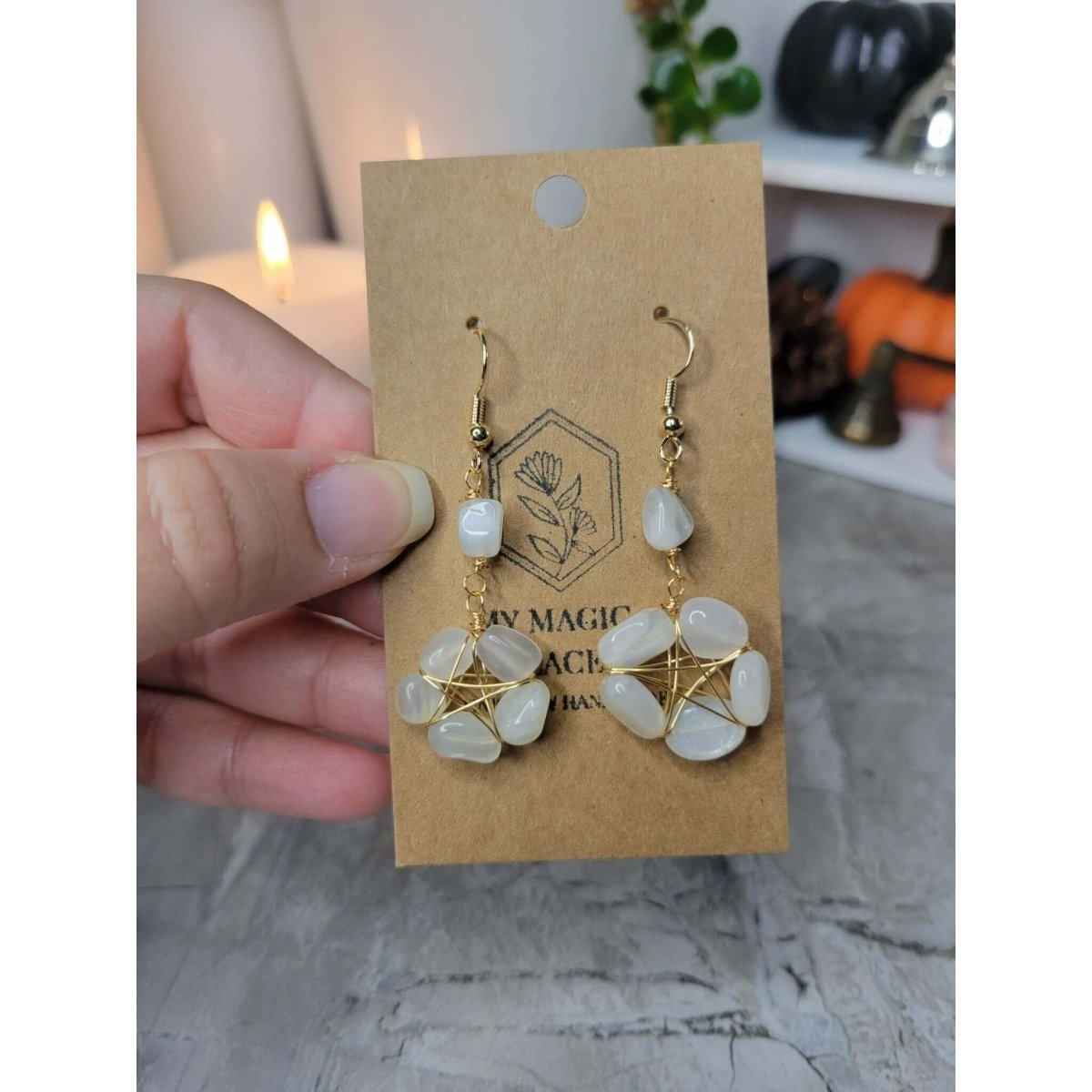 Wire Wrapped Natural Moonstone Dangle Earrings, Pentagram Crystal Earrings -Earrings