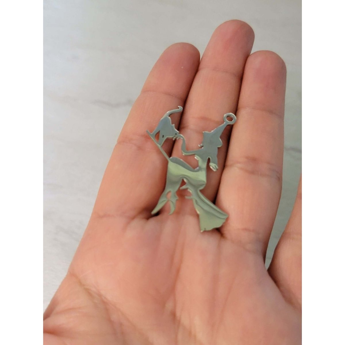 Witch with Cat Stainless Steel Pendant , Witch on Broomstick -Charms & Pendants