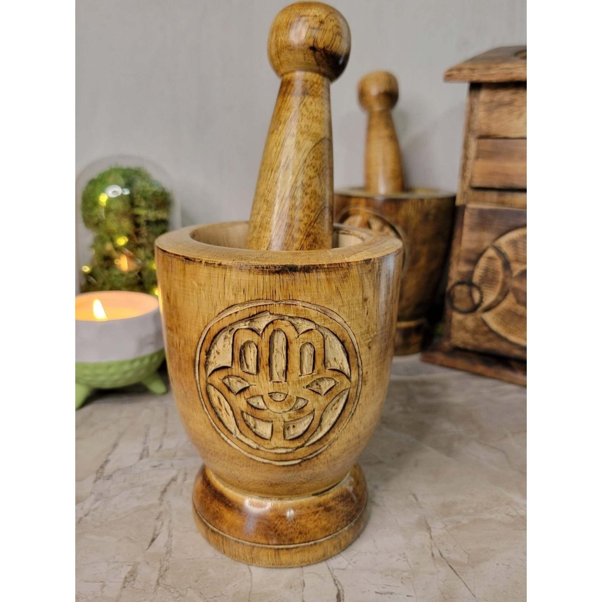 Witch's Wooden Mortar & Pestle Triquetra, Mortar Tree of Life, Pentacle -