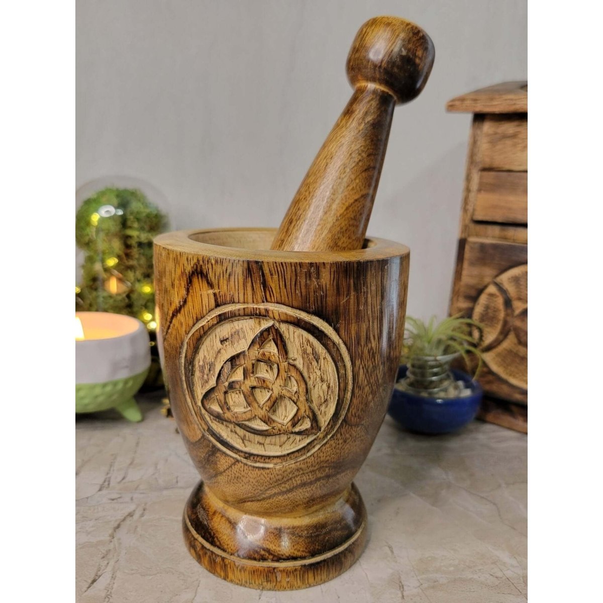 Witch's Wooden Mortar & Pestle Triquetra, Mortar Tree of Life, Pentacle -
