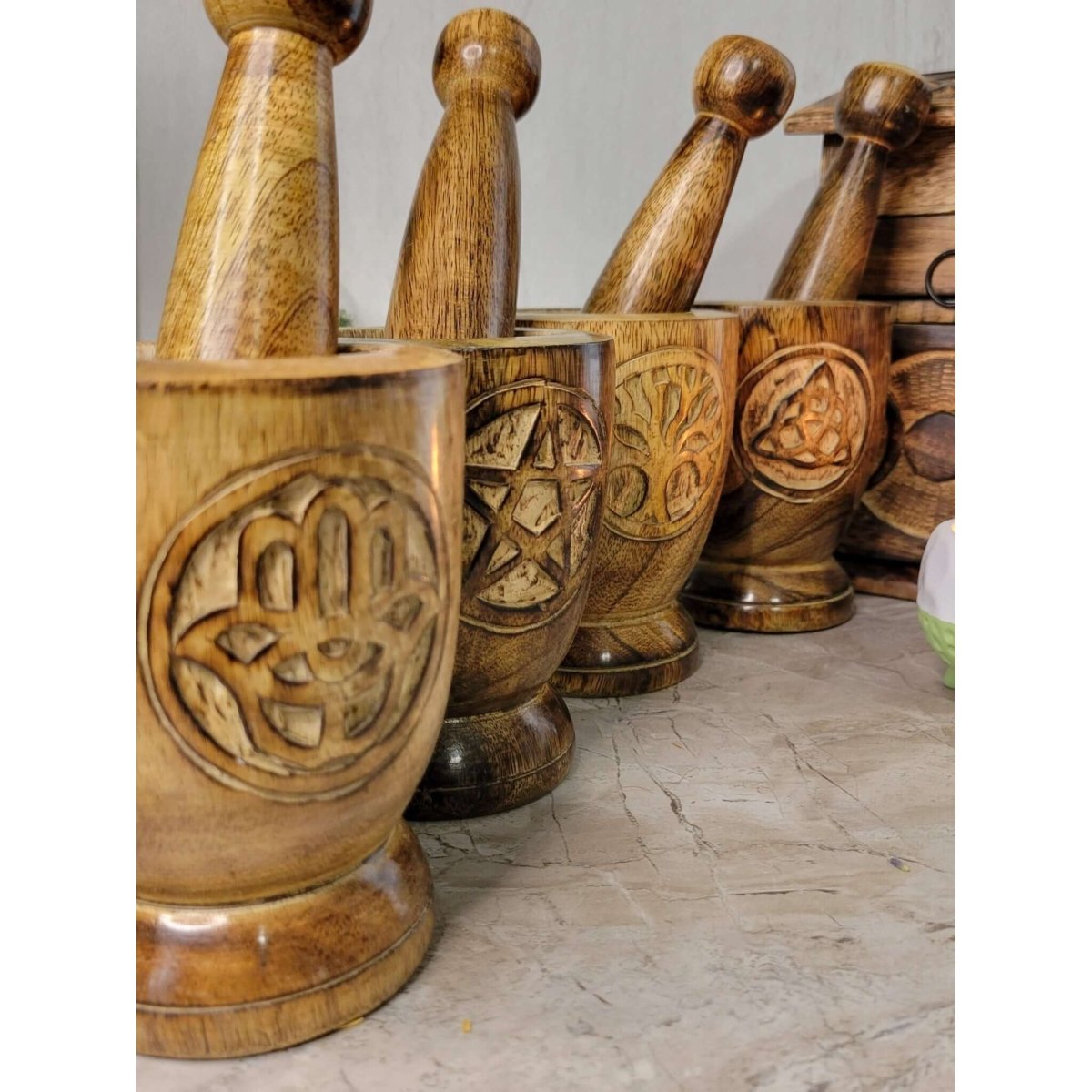 Witch's Wooden Mortar & Pestle Triquetra, Mortar Tree of Life, Pentacle -