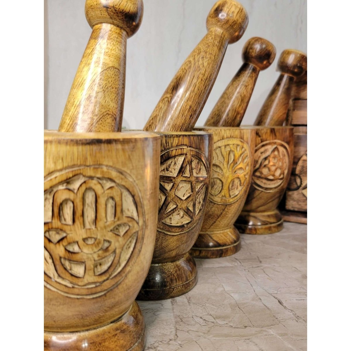 Witch's Wooden Mortar & Pestle Triquetra, Mortar Tree of Life, Pentacle -