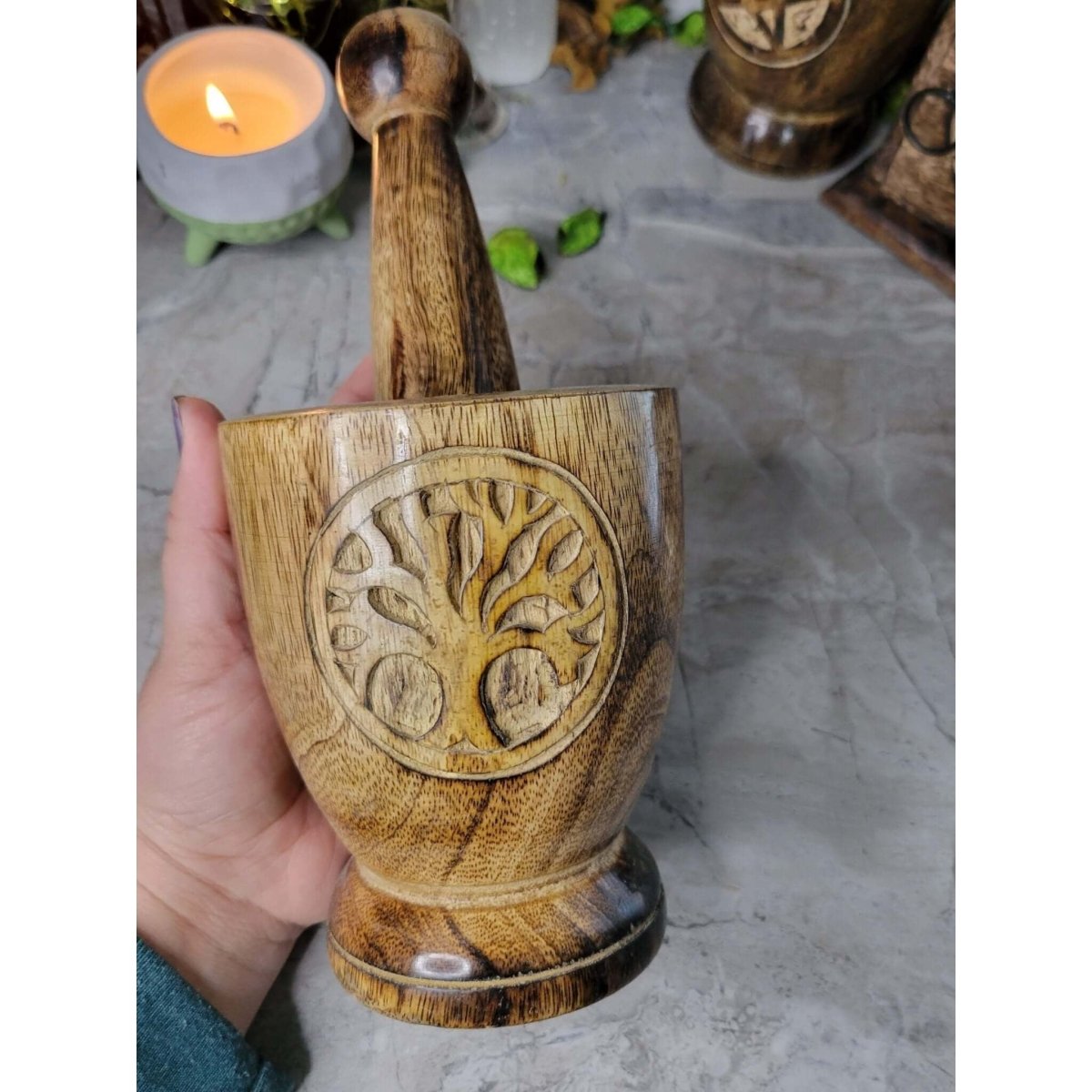 Witch's Wooden Mortar & Pestle Triquetra, Mortar Tree of Life, Pentacle -