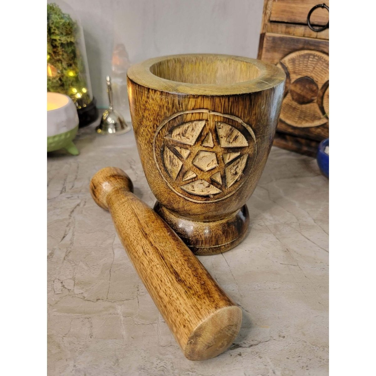Witch's Wooden Mortar & Pestle Triquetra, Mortar Tree of Life, Pentacle -