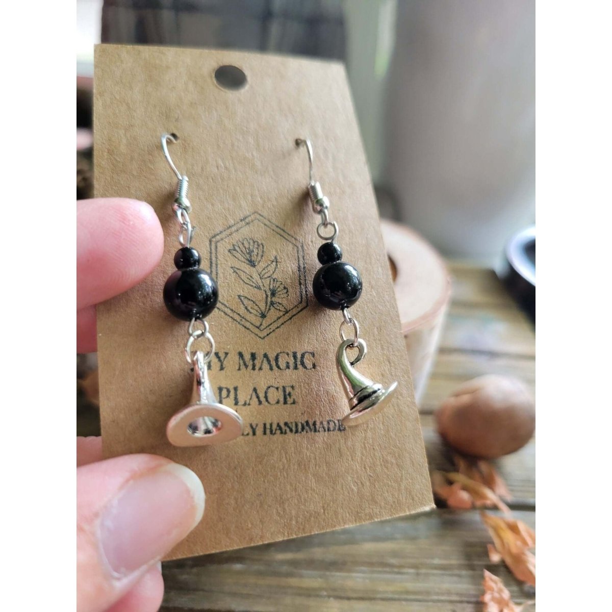 Witchy Hat Onyx Beads Earrings, Quartz Earrings, Witchy Crystal Jewelry -Earrings