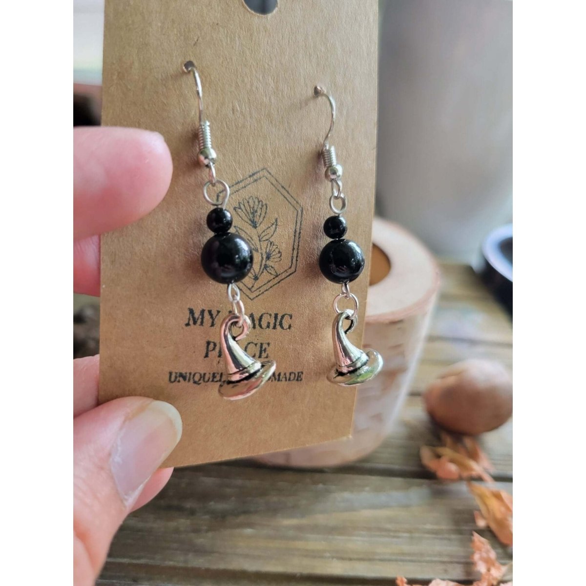 Witchy Hat Onyx Beads Earrings, Quartz Earrings, Witchy Crystal Jewelry -Earrings