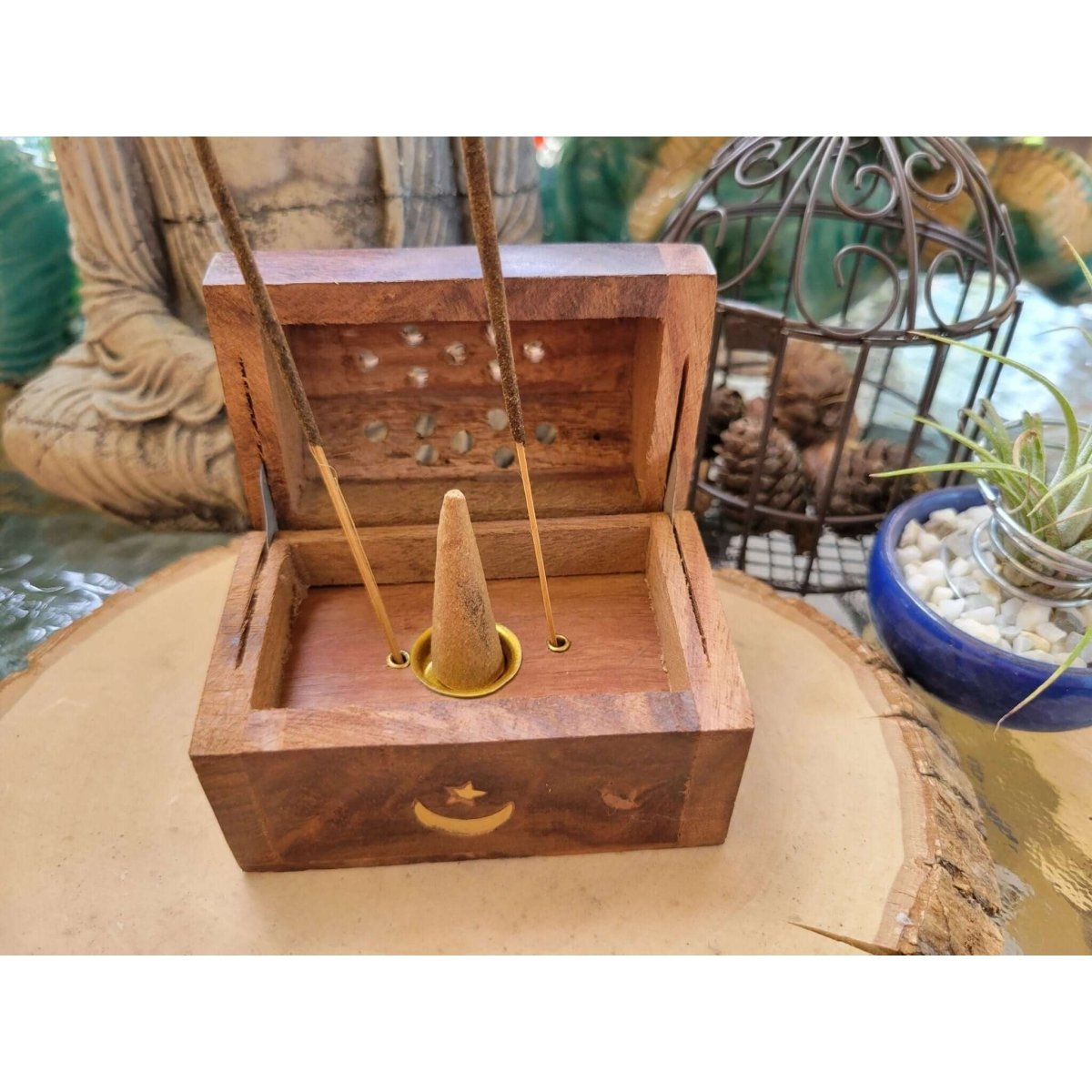 Wooden Coffin Box Small 3", Incense Burner, Altar Cone Incense Burner -