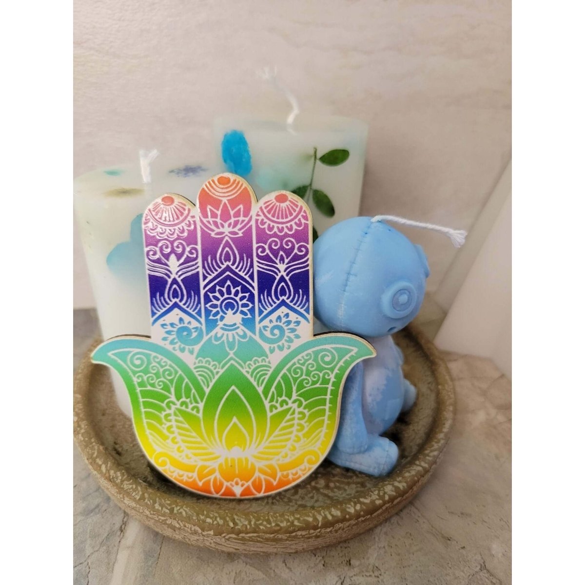 Wooden Hamsa, Seven Chakra Coaster Altar Tile -Coasters