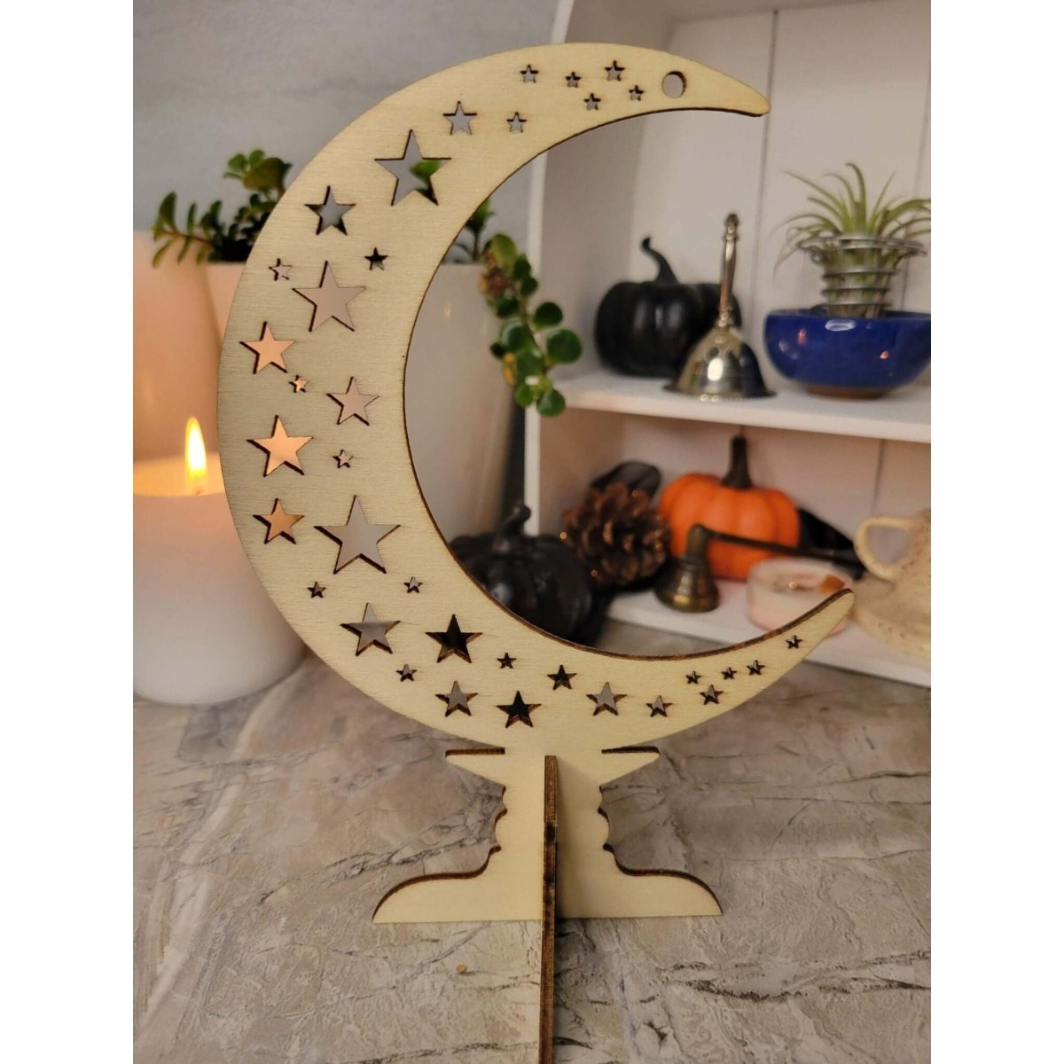 Wooden Ornaments, Wood Tabletop Decoration, Moon with Star, Witchy decor -Decor