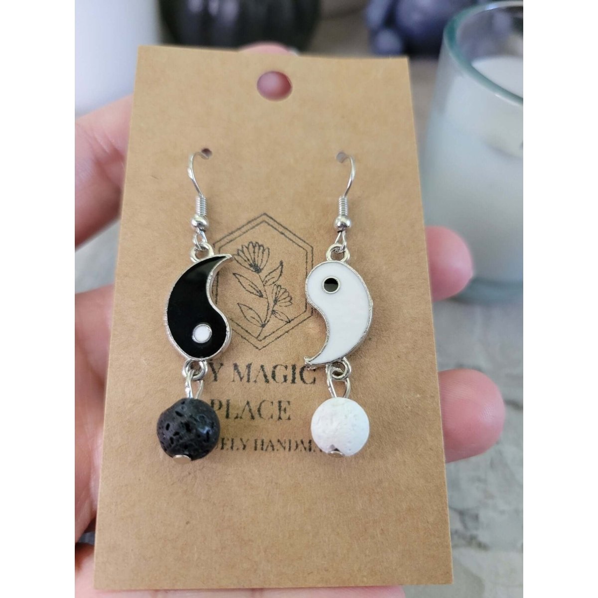 Yin Yang Matching Asymmetrical Earrings, Brass Dangle Earrings with Natural Lava Rock for Women, Black -Earrings