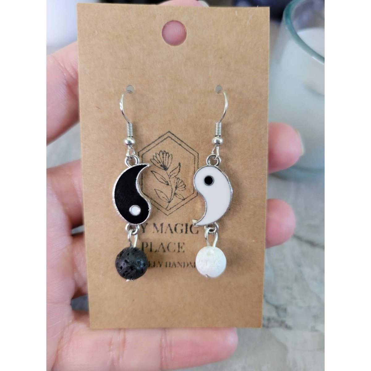Yin Yang Matching Asymmetrical Earrings, Brass Dangle Earrings with Natural Lava Rock for Women, Black -Earrings
