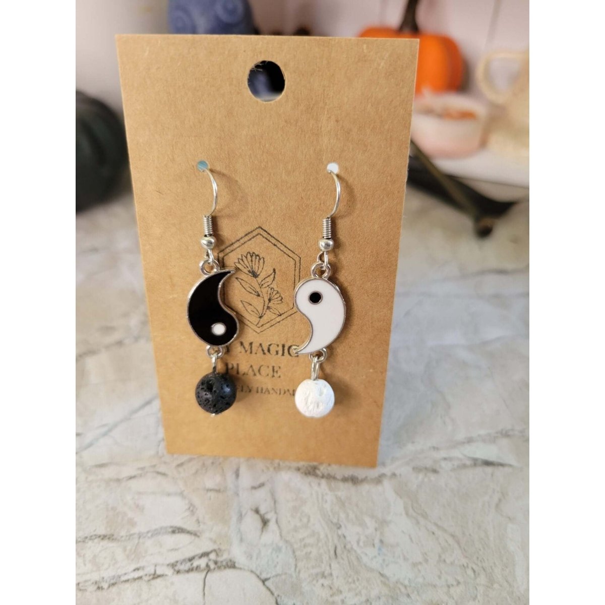 Yin Yang Matching Asymmetrical Earrings, Brass Dangle Earrings with Natural Lava Rock for Women, Black -Earrings