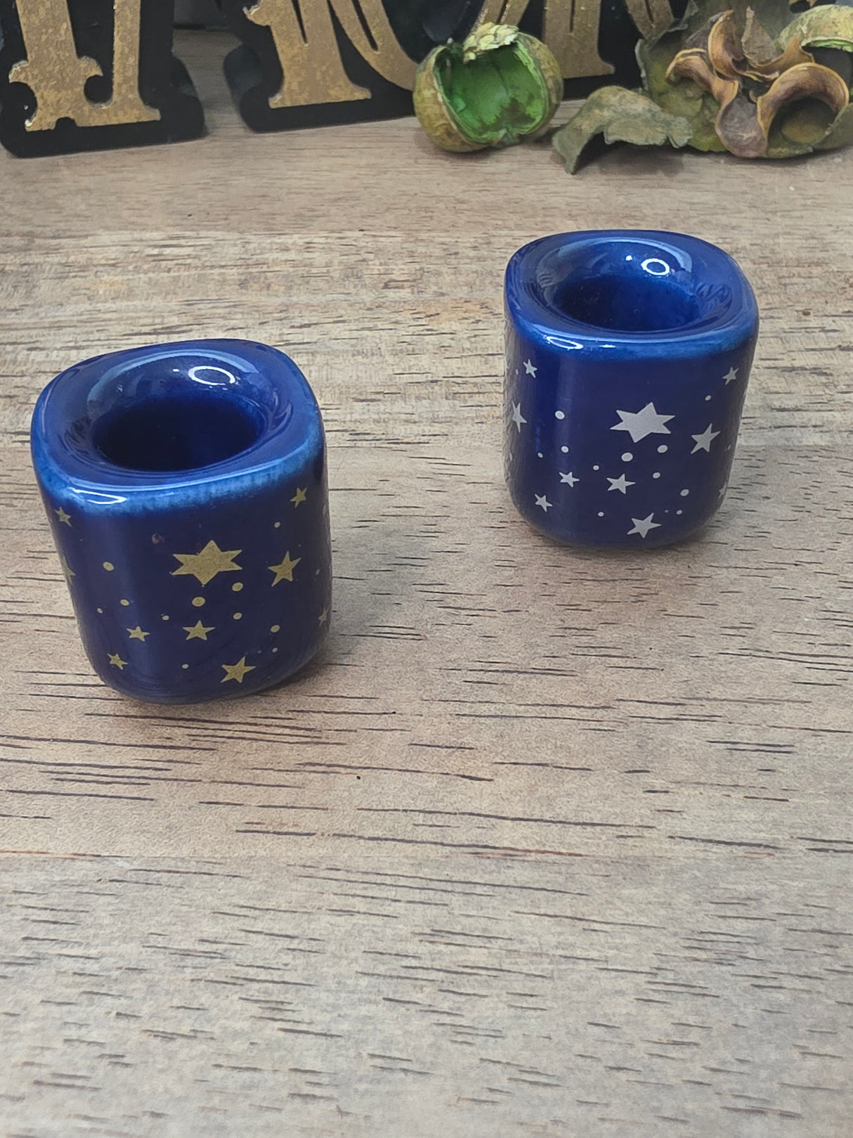 Handmade ceramic blue gold star chime holders, galaxy candle holders