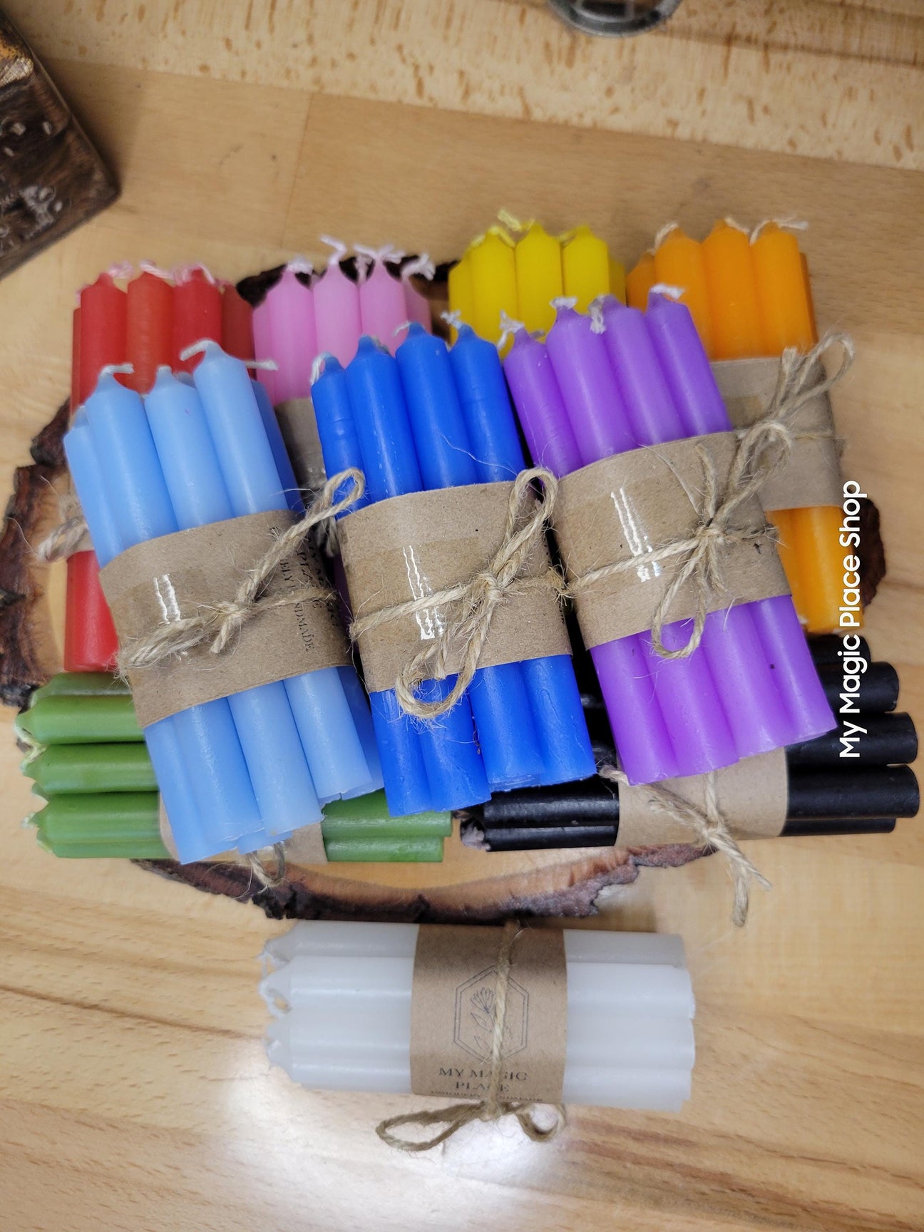 Mini Color Chime Spell Candles set of 10 unscented ritual candles in assorted colors for altar decor and spiritual practices.