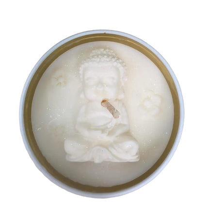 Handmade Meditating Buddha Soy Wax Candle, White Gold Tin, Zen Decor (8 oz)